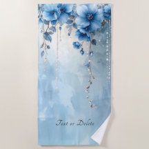 Blue Flowers and Pearls Beach Towel