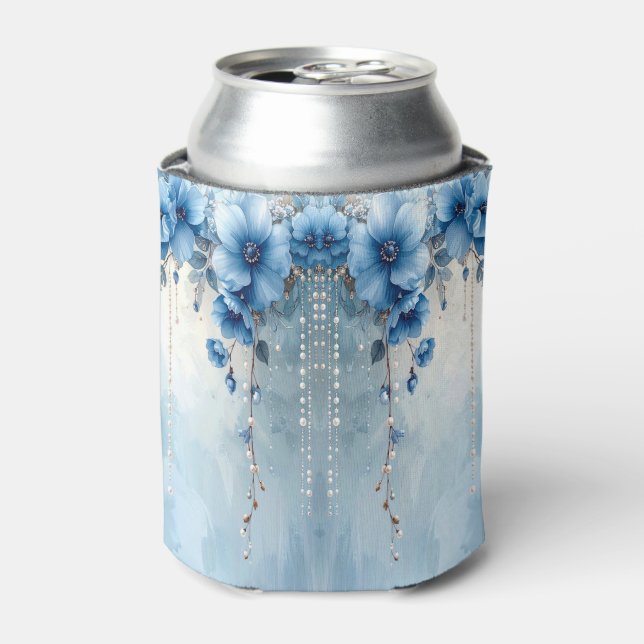 Blue Flowers and Pearls Can Cooler (Can Front)