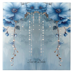 Blue Flowers and Pearls Ceramic Tile