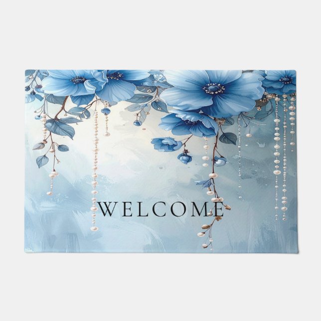Blue Flowers and Pearls Doormat (Front)