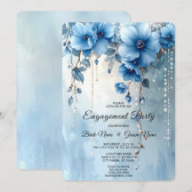 Blue Flowers and Pearls Engagement Invitation