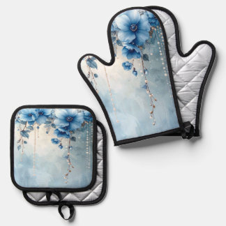 Blue Flowers and Pearls Oven Mitt & Pot Holder Set