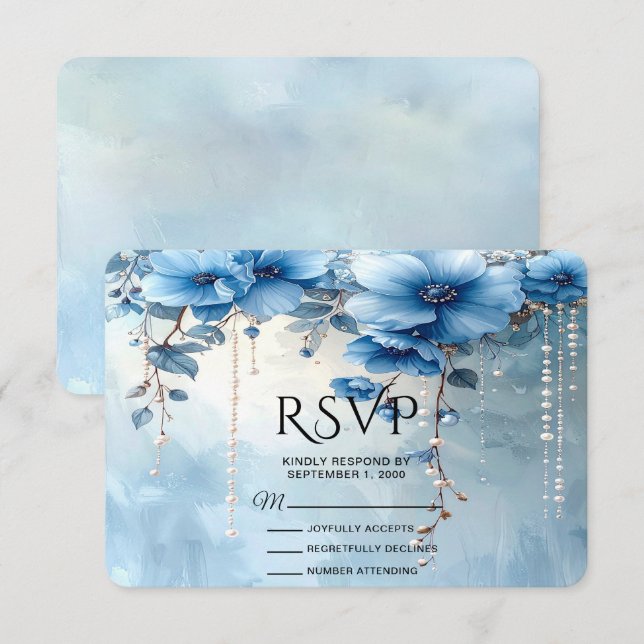 Blue Flowers and Pearls RSVP Card (Front/Back)