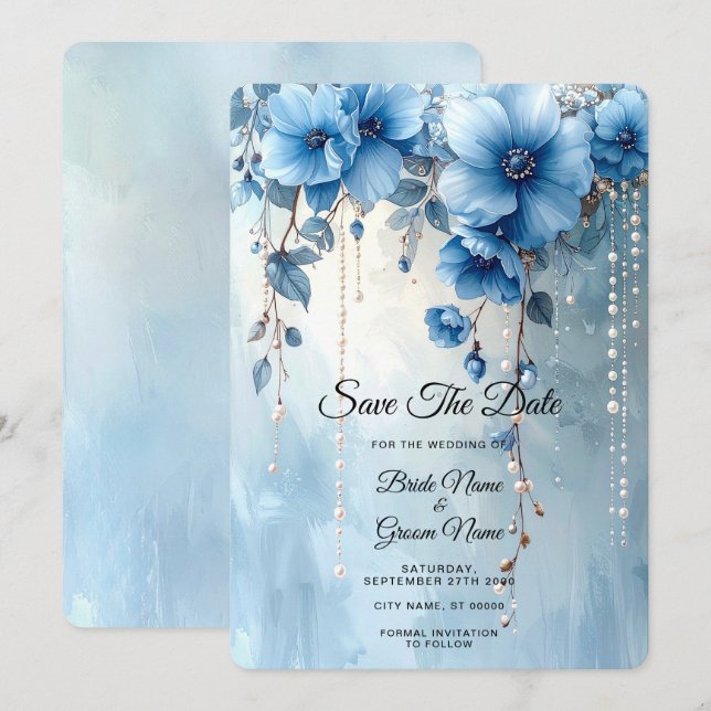 Blue Flowers and Pearls Save the Date (Devant / Derrière)