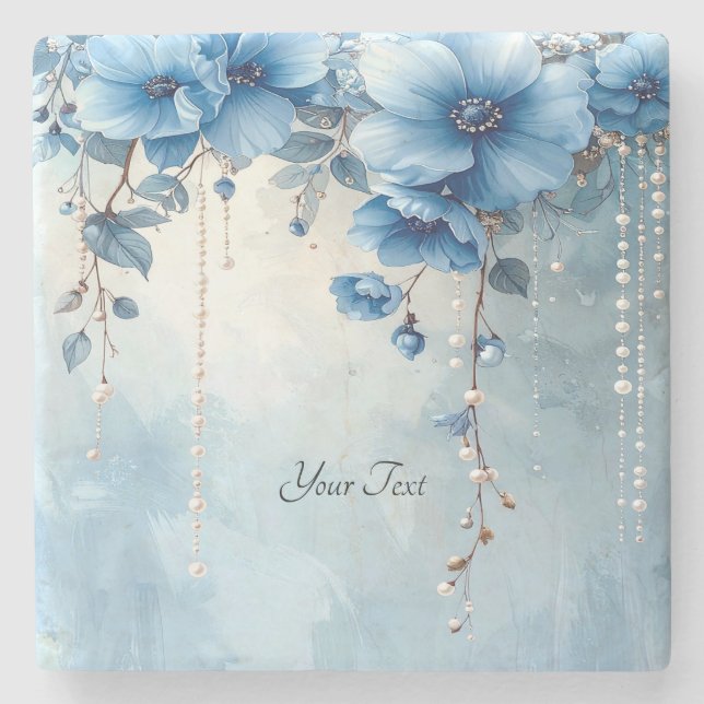 Blue Flowers and Pearls Stone Coaster (Front)