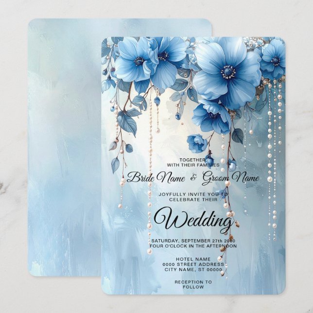 Blue Flowers and Pearls Wedding Invitation (Devant / Derrière)