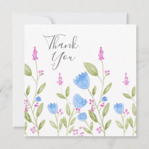 'Blue Flowers and Pink Berries' Watercolor Thank You Card