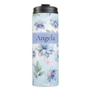 Blue Flowers and Pink Butterflies Thermal Tumbler