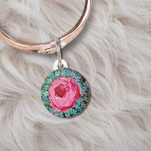 Blue Flowers And Pink Rose Pet Tag