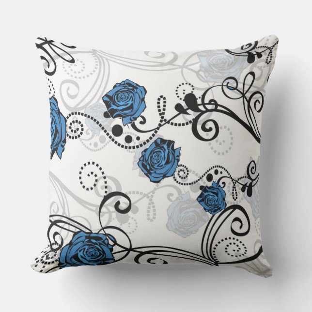 Blue Flowers and Swirls Throw Pillow (Front)