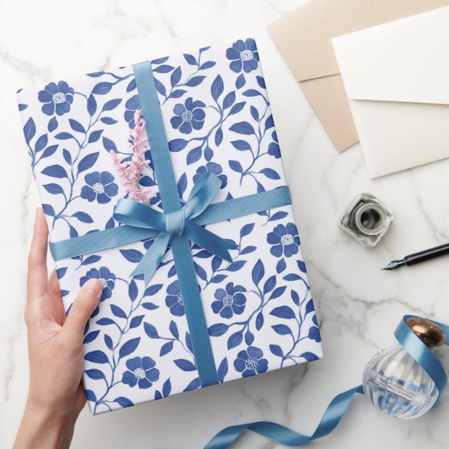 Blue Flowers And Vines Wrapping Paper (Gifting)