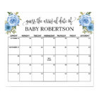Blue flowers Baby Shower Guess Due Date Calendar