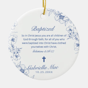 Blue Flowers Baptism Scripture & Photo  Ceramic Ornament
