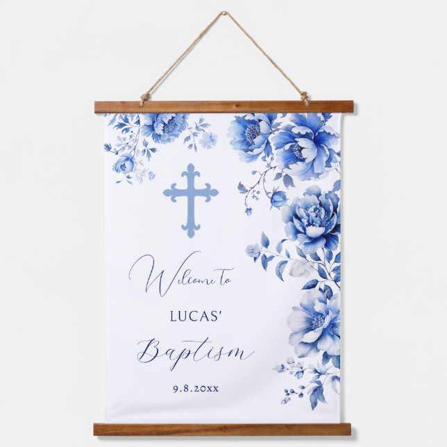 Blue Flowers Baptism Welcome Hanging Tapestry (Front)