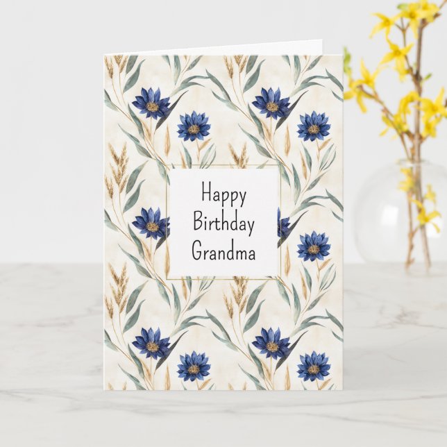 Blue Flowers Birthday Card (Yellow Flower)