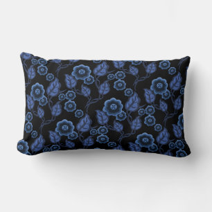 Blue flowers, blue leaves, Folk art flora/black Lumbar Pillow