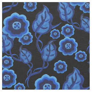 Blue flowers, blue leaves, Folk art floral 2 black Fabric