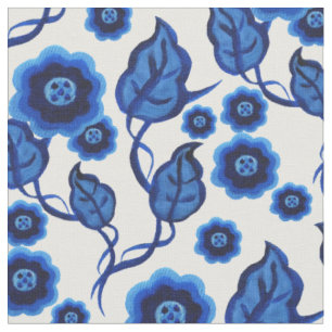 Blue flowers, blue leaves, Folk art floral 2 Fabric