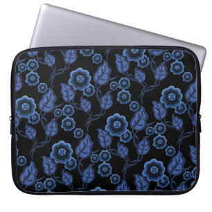 Blue flowers, blue leaves, Folk art floral/black Laptop Sleeve