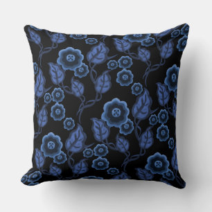 Blue flowers, blue leaves, Folk art floral/black Throw Pillow