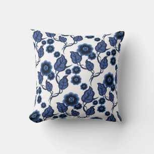 Blue flowers, blue leaves, Folk art floral Throw Pillow