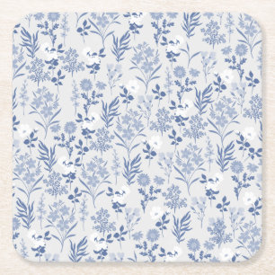 Blue Flowers Botanical Painting Square Paper Coaster