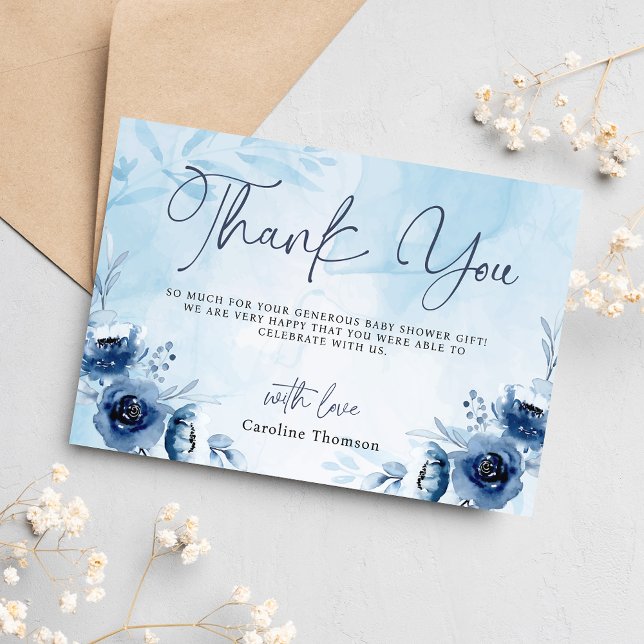Blue Flowers Boy Baby Shower  Thank You Card (Creator Uploaded)