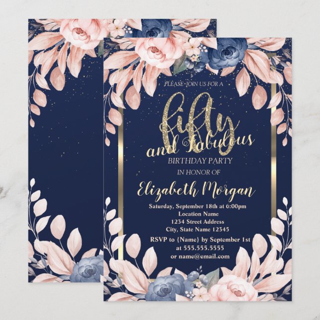 Blue Flowers Confetti Navy Blue 50th Birthday Invitation (Front/Back)