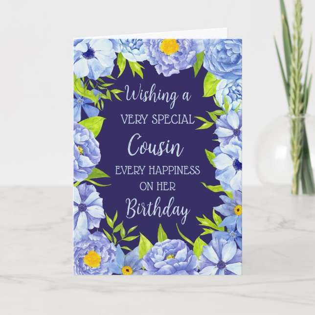Blue Flowers Cousin Birthday Card (Front)