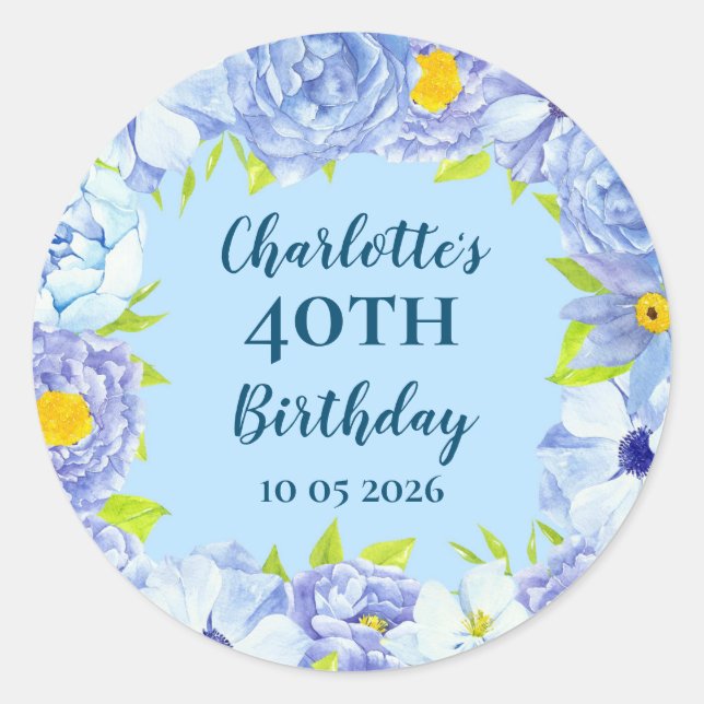 Blue Flowers Custom Birthday Favour Tag (Front)