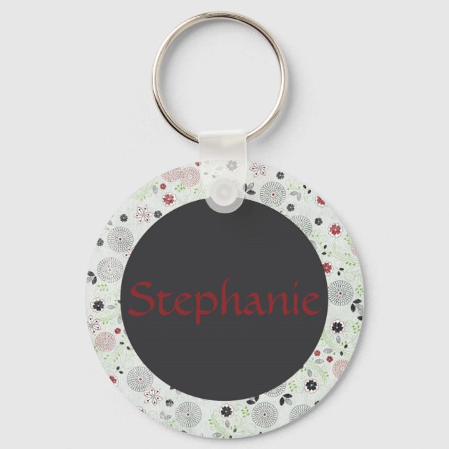Blue Flowers Customizable Name Button Keychain (Front)
