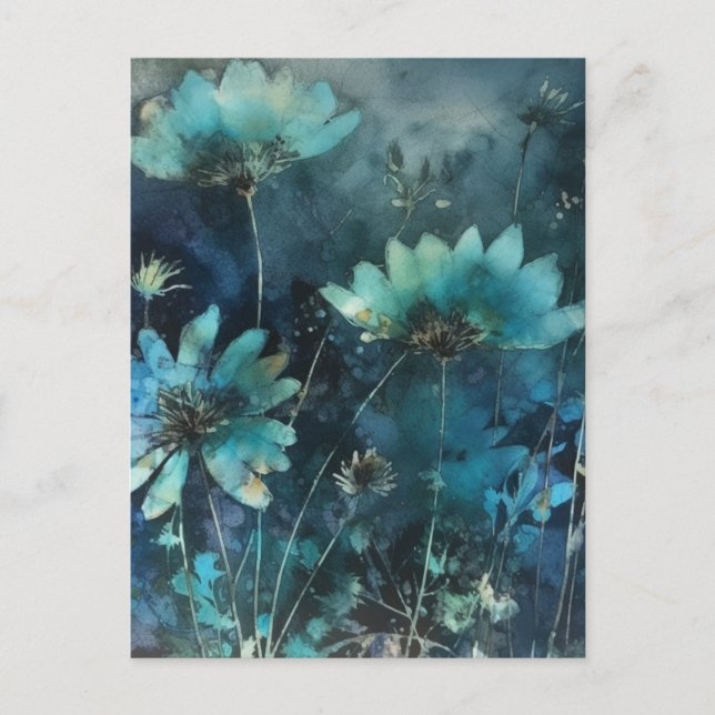 Blue Flowers Cyanotype Mixed Media Postcard (Front)