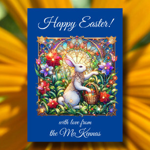Blue Flowers Easter Rabbit Stained Glass Holiday Card
