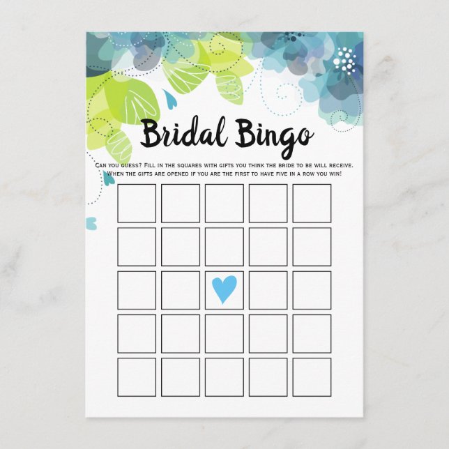 Blue flowers floral bridal shower bingo game card (Front)