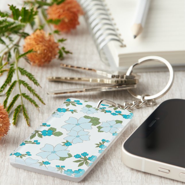 Blue Flowers, Floral Pattern, Pattern Of Flowers Keychain (Front Right)