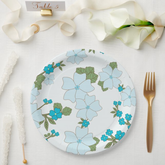 Blue Flowers, Floral Pattern, Pattern Of Flowers Paper Plate (Wedding)