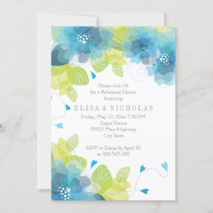 Blue flowers floral wedding rehearsal dinner invitation