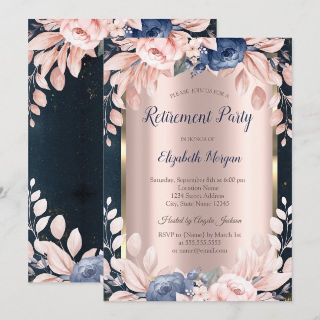 Blue Flowers,Frame Dark Blue Retirement  Invitation (Front/Back)