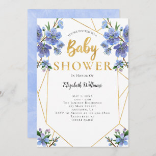 Blue Flowers Geometric Frame Baby Shower Invitation