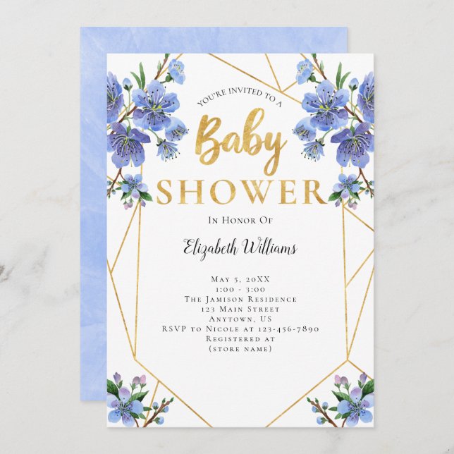 Blue Flowers Geometric Frame Baby Shower Invitation (Front/Back)