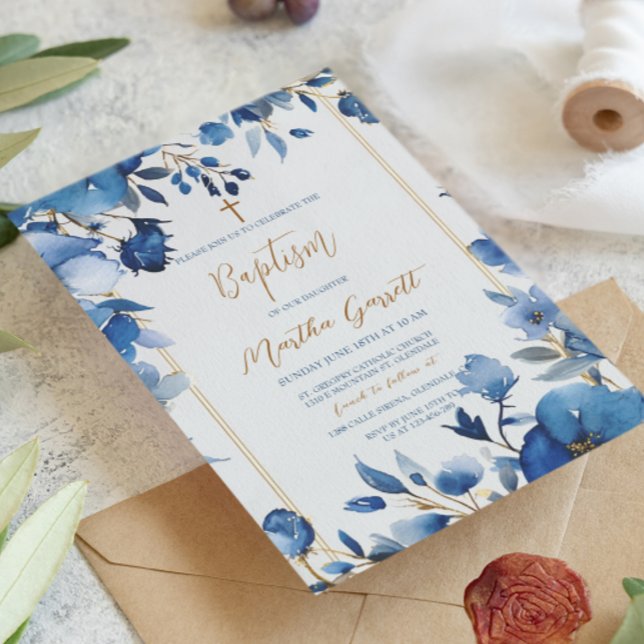 Blue Flowers Girl Floral Baptism  Invitation (Creator Uploaded)