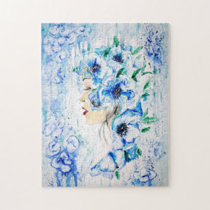 Blue Flowers Girl Jigsaw Puzzle