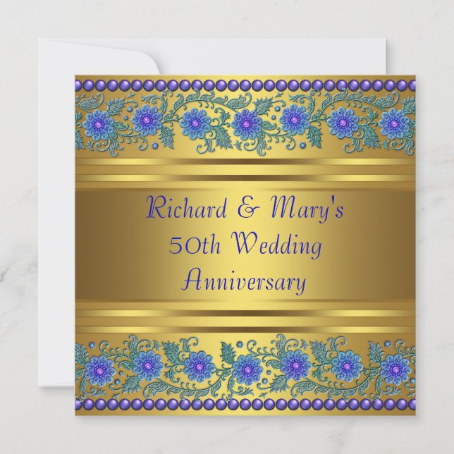 Blue Flowers Gold 50th Wedding Anniversary Invitation (Front)
