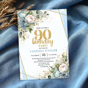 Blue Flowers Gold Glitter 90th Birthday Invitation