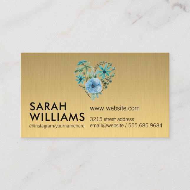 Blue Flowers | Gold Metallic Business Card (Front)
