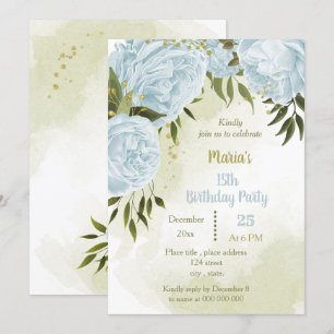  blue flowers greenery birthday party invitation
