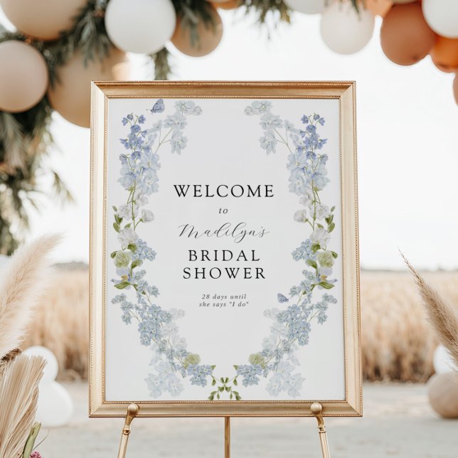 Blue Flowers Greenery Bridal Shower Welcome Sign (Creator Uploaded)