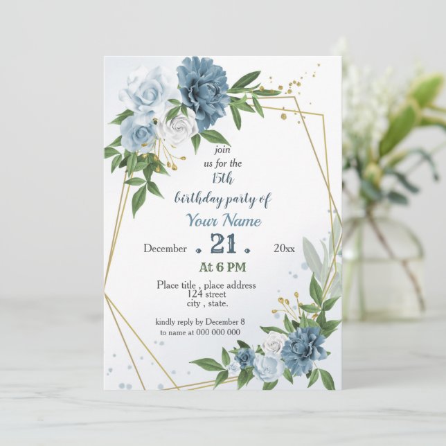 blue flowers greenery geometric birthday  invitation (Standing Front)