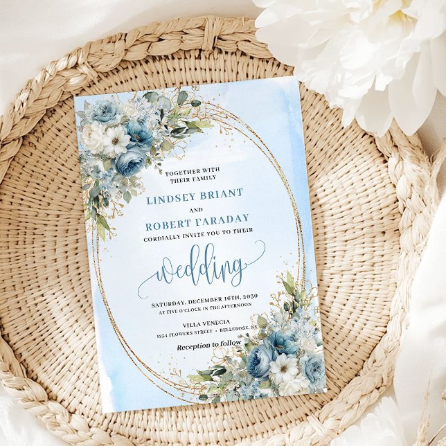 Blue Flowers Greenery Gold Glitter Wedding Invite (Blue Flowers Greenery Gold Glitter Wedding Invitation)