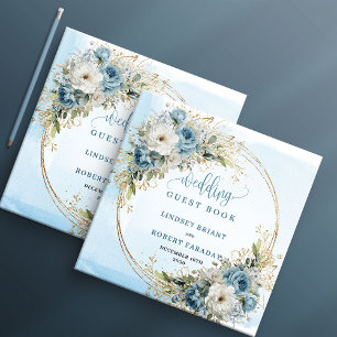 Blue Flowers Greenery Gold Wedding Guest Book